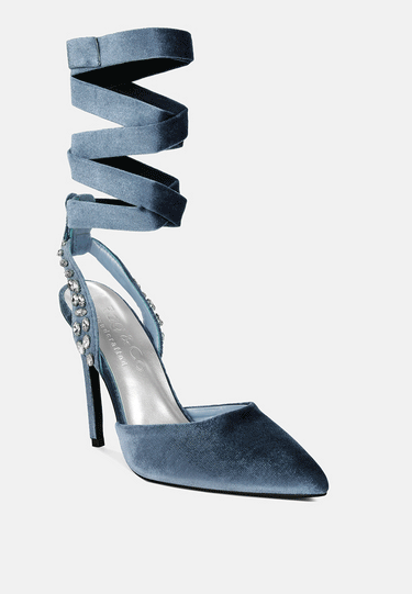 WALLIS Blue Velvet Diamante Stud Tie Up Sandals_Blue