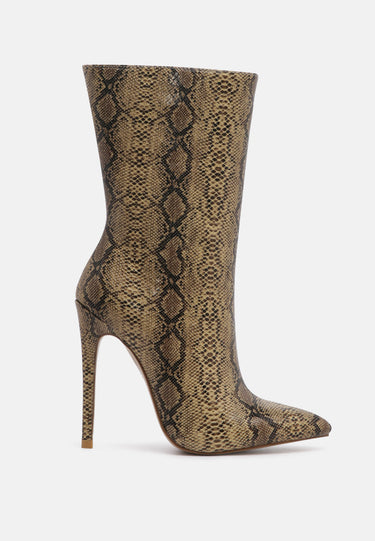 micah pointed toe stiletto high ankle boots#color_snake-print