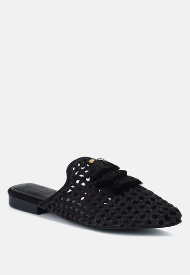 MIRIAM Black Woven Metallic Tassel Flat Mules#color_Black