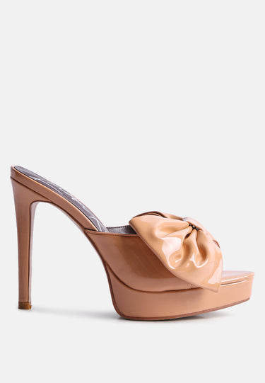 my time patent pu bow detail high heeled sandal#color_latte