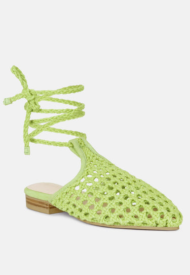 TUTSI Green Handwoven Honeycomb Cotton Tie Up Mule Flats#color_green