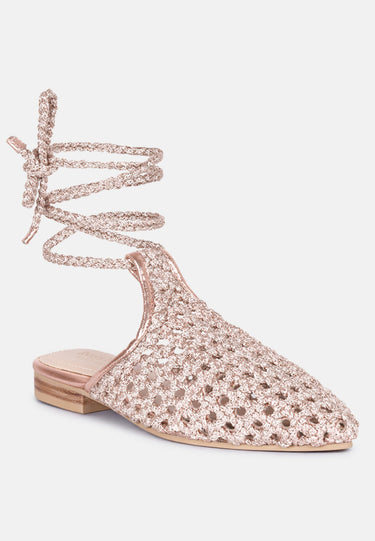 TUTSI Gold Handwoven Honeycomb Tie Up Flat Mules#color_rose-gold