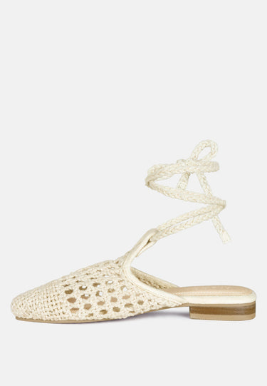 BARTSI Off White Handwoven Cotton Tie Up Mule Flats_Off White