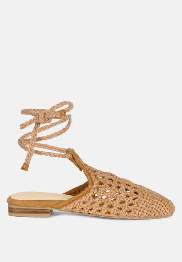 BARTSI Tan Handwoven Cotton Tie Up Mule Flats_Tan