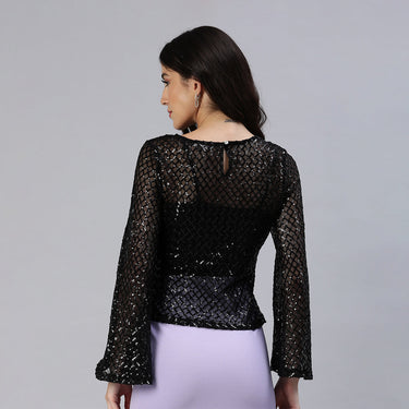 Sheer Sequin Long Sleeve Top in Black