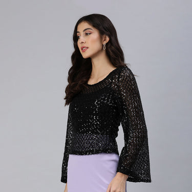 Sheer Sequin Long Sleeve Top in Black