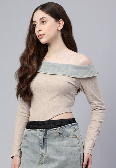 Off-Shoulder Denim Paneling Top by RAG