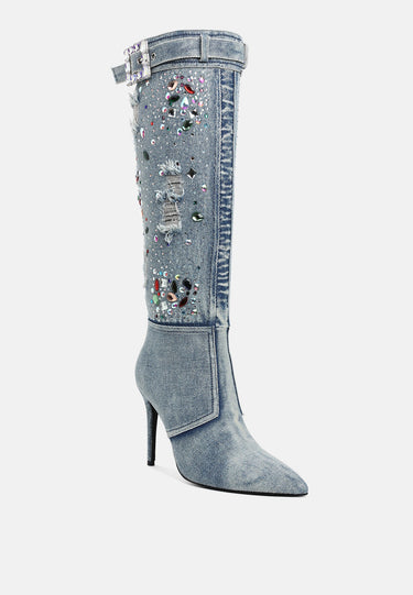 Multi Color Stones Denim Boots by RAG