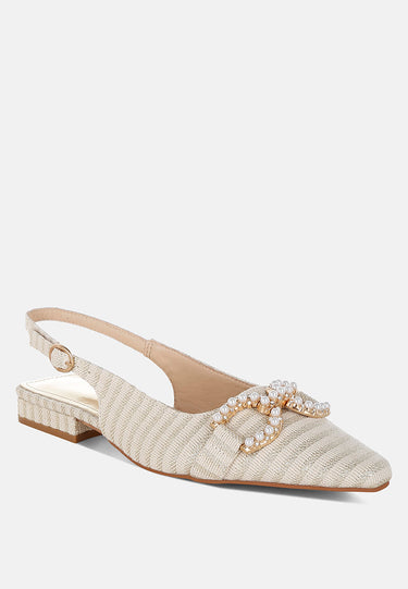 Pearl-Detailed Horsebit Woven Flats by Mode