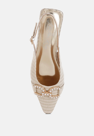 Pearl-Detailed Horsebit Woven Flats by Mode