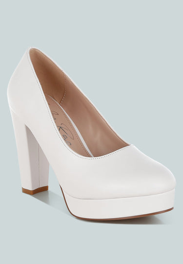 Faux Leather Block Heel Pumps in White by Mode