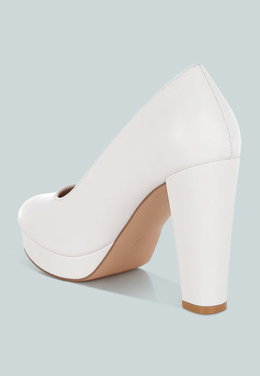 Faux Leather Block Heel Pumps in White by Mode