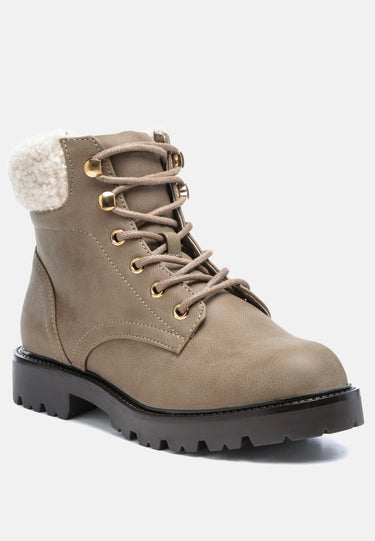 Fur Collared Biker Boots in Taupe