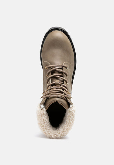 Fur Collared Biker Boots in Taupe