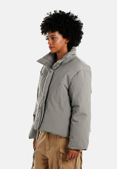 High-Neck Tie Waist Quilted Jacket