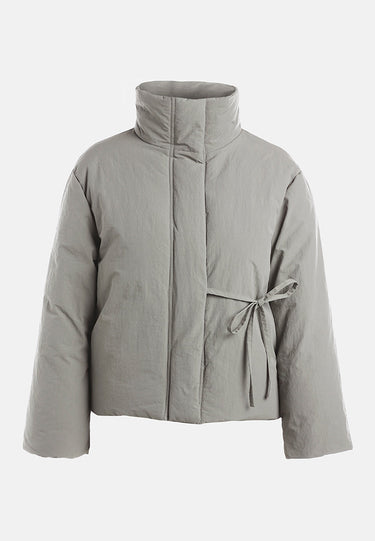 High-Neck Tie Waist Quilted Jacket