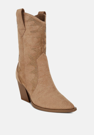 Rhinestones Embellished Calf Boots by MODE