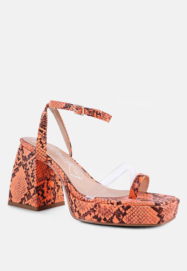Such Flirt Snake Print Triangular Block Heel Sandals by Mode