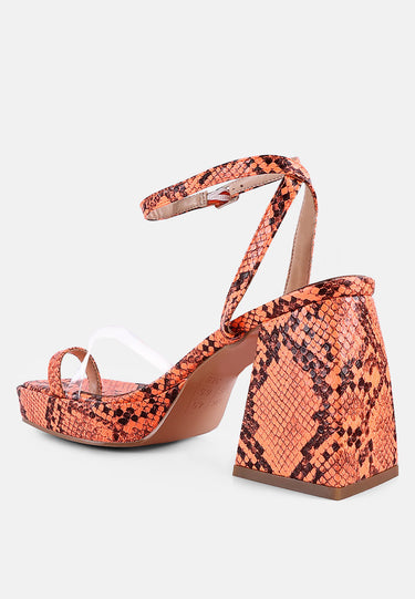 Such Flirt Snake Print Triangular Block Heel Sandals by Mode