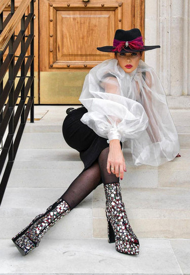 fancy mirror embellished platform high heel boots#color_black