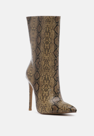 micah pointed toe stiletto high ankle boots#color_snake-print