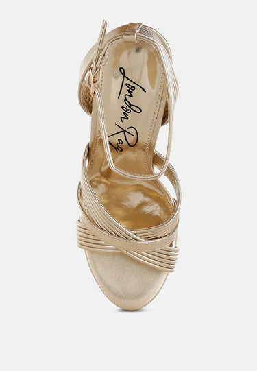 Metallic Ankle Strap Heel Sandals by RAG