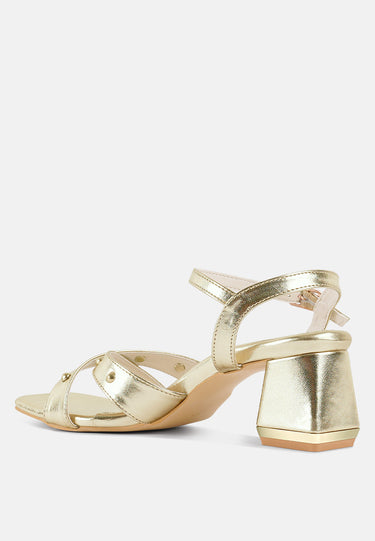 Women Metallic Stud Accent Block Heel Sandals