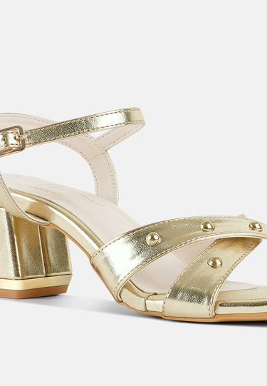 Women Metallic Stud Accent Block Heel Sandals