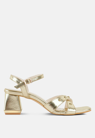 Women Metallic Stud Accent Block Heel Sandals