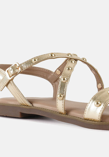 Women Metallic Faux Leather Strappy Flats