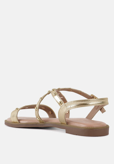 Women Metallic Faux Leather Strappy Flats