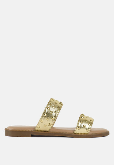 Women Studded Metallic Faux Leather Slip Ons