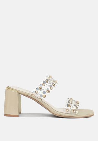 Women Metallic Clear Strap Block Heels