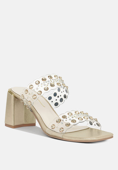 Women Metallic Clear Strap Block Heels