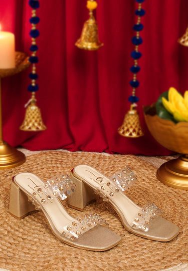 Women Metallic Clear Strap Block Heels