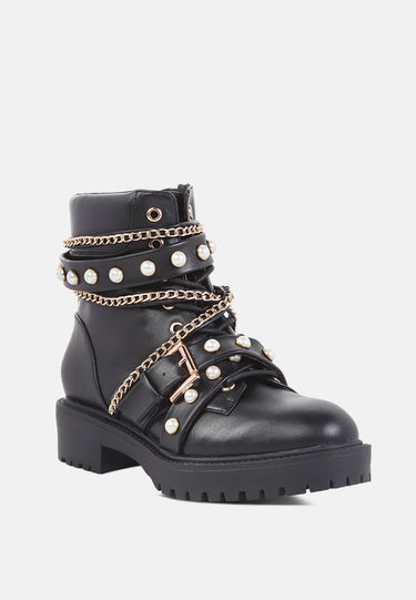 Allonia Ankle Boots With Pearl Studs and Chain Details