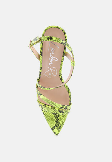 Snake Print Spool Heel Sandals by Mode