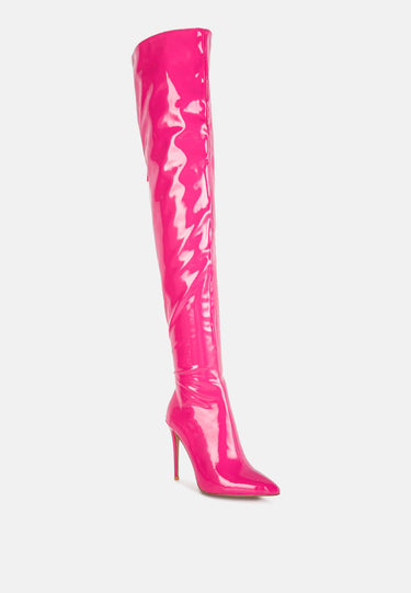 eclectic patent pu long stiletto boots#color_neon-pink