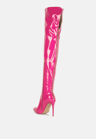 eclectic patent pu long stiletto boots#color_neon-pink