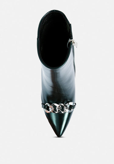 firefly metallic chain embellished stiletto ankle boots#color_green