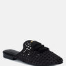 MIRIAM Black Woven Metallic Tassel Flat Mules#color_Black