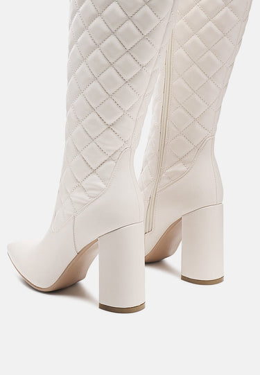 quilt knee high block heeled boots#color_white