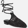 TUTSI Black Handwoven Honeycomb Cotton Tie Up Mule Flats#color_black